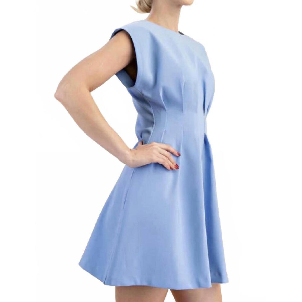 NEW GLAM round neck waist pleated mini dress in blue